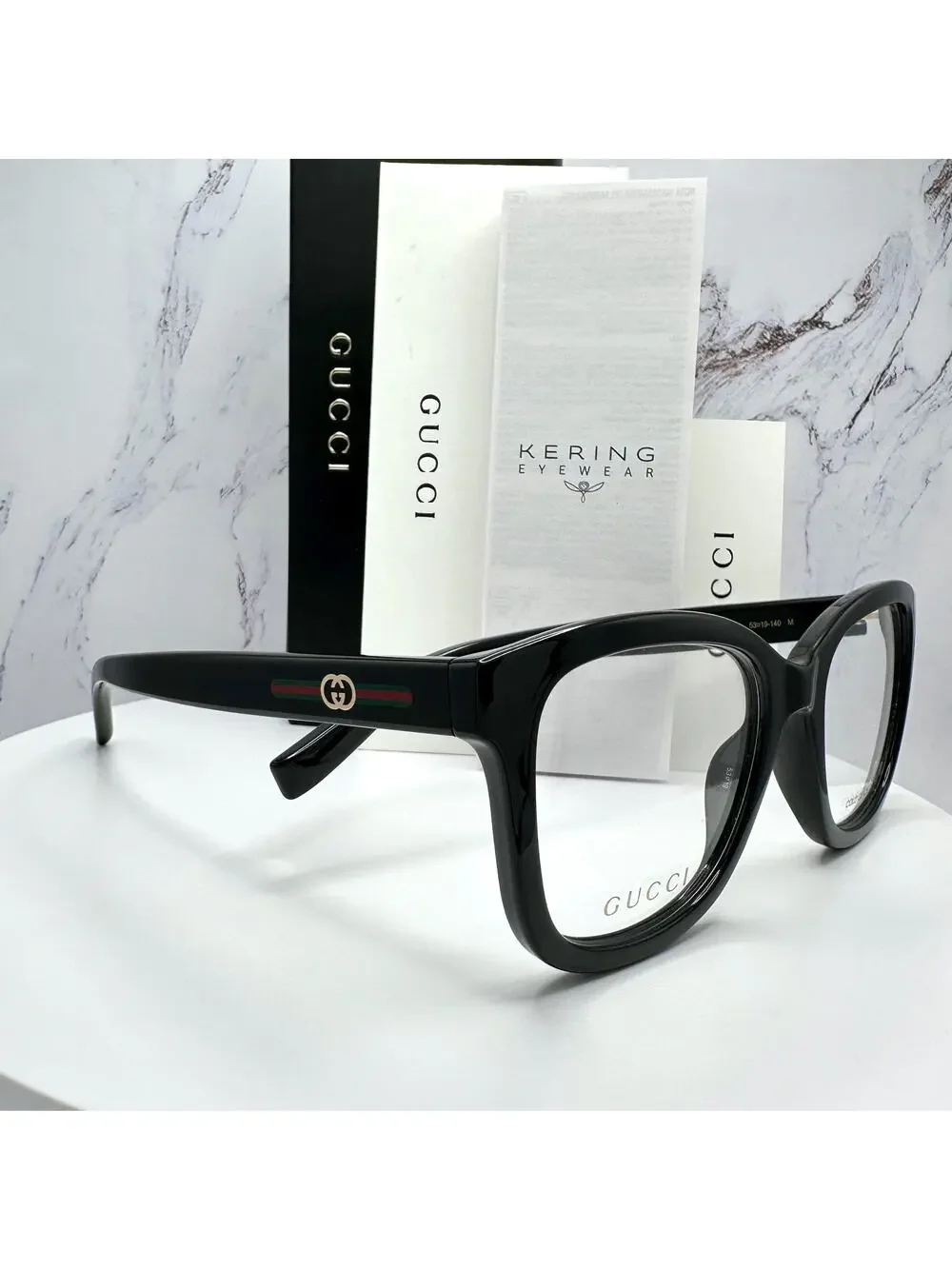 New GUCCI Eyeglasses 53-19-140 Black Square GG Logo Red Green Web Women Rx-able